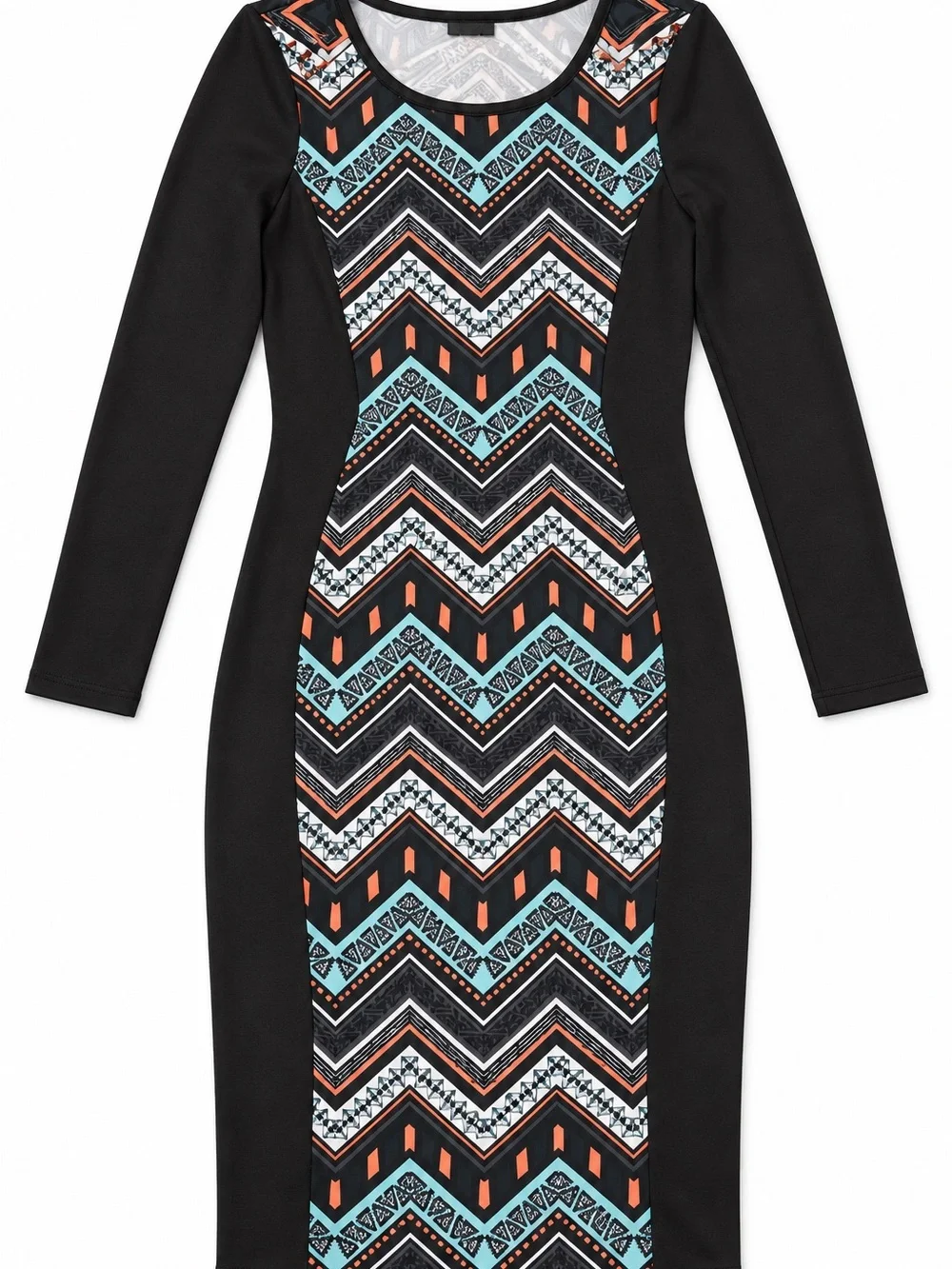 Ambiance Black Long-Sleeve Sheath Dress with Teal and Orange Chevron Panel
